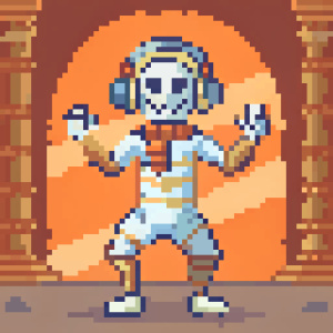 dancing like pharaon egyptian mummy with headphones, inside tomb