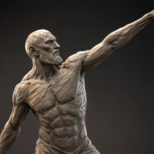 A detailed sculpture of a humanoid figure, posed with one arm outstretched, showcasing realistic muscle definition and a rugged skin texture. The dynamic pose is highlighted against a dark, uniform background.