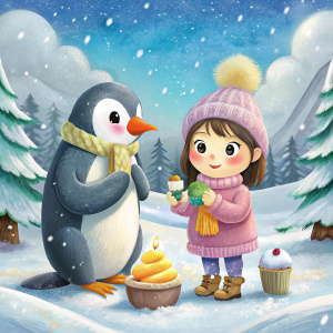 pinguino comiendo helado en la nieve con una chica festejando el dia del animal