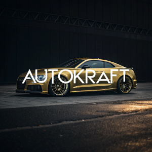 The Autokraft logo featuring a sleek car in shiny gold against a dark background. The text Autokraft stylishly incorporated.