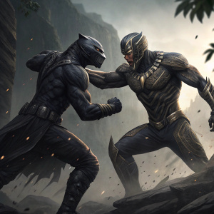 Digital art scene featuring Black Panther and Killmonger in intense combat. Dark and gritty atmosphere with detailed textures. Grey and stone-like color palette. High-definition graphics focusing on intricate muscle structures and dynamic action poses.