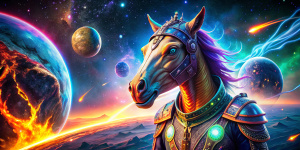 caballo psicodélico con traje espacial futurista , rasgos humanos,fuego,lasers y planeta tierra al fondo, naves alienigenas