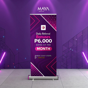 High-tech promotional banner for Maya banking service. Eye-catching purple background, featuring dynamic geometric shapes and bold colors. Highlights daily referral bonuses and P6,000 extra kit per month. Three easy steps to success, modern digital aesthetic, futuristic vibe.
