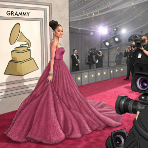 Rihanna glams up at Grammy Awards. Dazzling in a magenta, off-shoulder gown with dramatic train. Surrounded by flashing cameras on a gold carpet, with Grammy logo in the background.