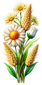 1 long spike of rice and at the base of the spike two realistic chamomile flowers without any other additional elements, with a white background in an elongated vertical shape