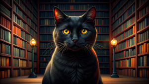 add a black cat to the background ln the library