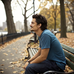 Orlando Bloom, sans sunglasses and beard, in a casual blue t-shirt. Sitting alone on a city park bench under the autumn leaves. No crowd