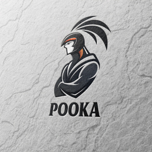 A sleek logo design featuring a modern abstract character. The word 'Pooka' in bold, sans-serif font underneath. Textured grey background.