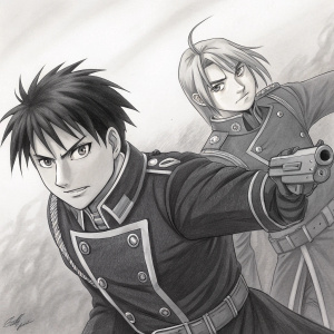 Pencil sketch of Roy Mustang and Riza Hawkeye from Fullmetal Alchemist. They are depicted in action, with detailed facial expressions and intricate clothing designs. The background is blurred, focusing on the characters' intense poses.
