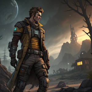 Handsome Jack, from the game Borderlands, dressed in battle gear, standing in front of a chaotic alien landscape. Looks intense and menacing.