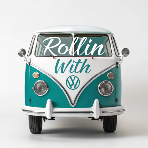 Classic Volkswagen van sticker. Teal and white color scheme. 'Rollin with It' in cursive script. Simple and playful design.