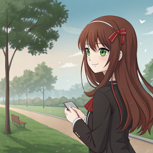 Digital artwork of Kurumi Tokisaki from Persona 4. Anime style, long reddish-brown hair, green eyes, holding a small object, against a serene outdoor park scene.