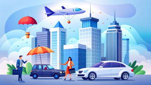 Generate a nice illustration for an insurance company. Services are car insurance, commercial insurance, Aviation Insurance & Life Insurance