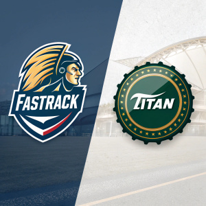 Digital art featuring Fastrack and Titan logos. Left side: Fastrack logo. Right side: Titan logo. Simple background