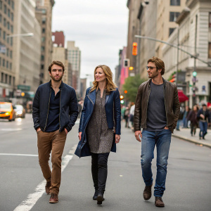 Joshua Bowman, Emily VanCamp, and a third individual stroll down a busy city street. Casual yet trendy outfits.