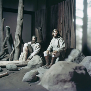 Highly detailed diorama showcasing Planet of the Apes characters. Set in a forest clearing with intricate props and backdrops, including tree stumps and rocks. Each ape figure meticulously crafted from a mix of sculpted clay and painted details.