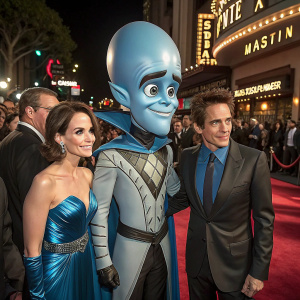 Brad Pitt, Tina Fey, Ben Stiller, and the character Megamind at a Hollywood movie premiere. Megamind, an animated alien-like character, stands beside the actors. The venue is brightly lit with flashing cameras.