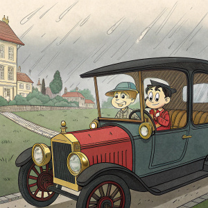 A detailed comic-style artwork of cartoon characters from 'The Incredible Shrinking Robinsons' inside a vintage car. Scene includes hand-drawn sketch and vivid color illustration.