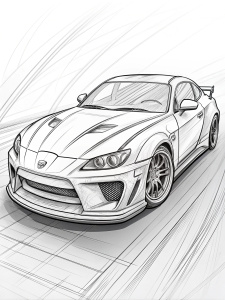 highly detailed line art,  coloring page, toyota supra tuning, cartoon style, clear outline, thick and thin black lines, white background