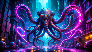 cyberpunk octopus, purple neon, blue electricity