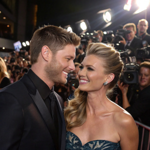 Jensen Ackles and Joanna Krupa sharing a moment at a high-profile awards ceremony. A sea of flashing cameras and excited fans in the background.