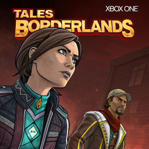 Digital illustration of 'Tales from the Borderlands' game scene. Comic book inspired art style, dark and dramatic background. Focus on the expressions and unique design elements of the main characters' outfits. Xbox One logo and game title prominently displayed at the top.