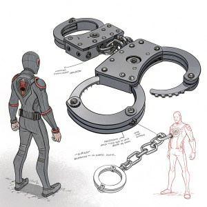 Concept art illustration of Rhino Restraint Cuffs for Marvel's Spider-Man: Miles Morales. Depicting intricate mechanical design with adjustable pistons and other components. Humanoid figure included to showcase cuff application. Presented in detailed line-art style.