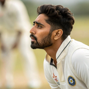 Mohammed Siraj, south asian cricketer, intensely staring at the wicket. Wearing white jersey with national team logo. Field blurred.