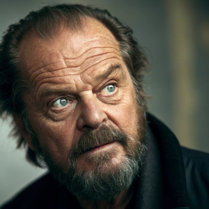 Close-up of Jack Nicholson's face. Piercing eyes, bushy beard, wrinkles tell the story of a lifetime. Golden Globe Award winner