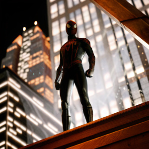 3D render of Miles Morales, Spiderman's alter ego, standing heroically against a vivid, colorful cityscape backdrop.