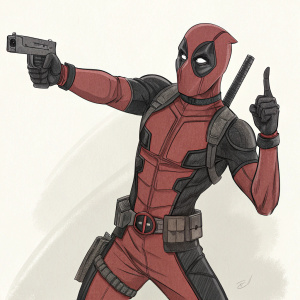 Digital illustration of Deadpool, muscular figure, dynamic pose, holding gun, sketch-like style, unadorned background
