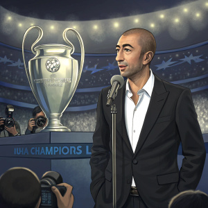 Roberto di Matteo in a press conference. Wearing a dark suit, crisp white shirt. Behind him, the UEFA Champions League trophy glimmers under the lights.