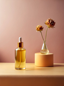 nail oil on a surface in a minimalist style on a light pink background with a dried flower in a vase nearby


