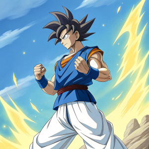 Illustration of Goku. He wears blue gi with white gi pants. Poses with a confident stance. Bright background