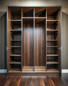 empty dark wood wardrobe without doors