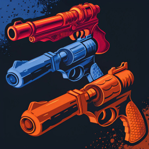 Digital illustration of three Borderlands 3 Maliwan pistol variants. Cartoonish weapons with unique designs and color schemes. Grungy, textured background. Intricate details and contrast.
