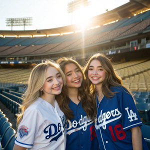 Sabrina Carpenter, Danielle Fishel, and Rowan Blanchard, in Dodgers jerseys, smiling for the camera in an empty stadium. Bright sun, no crowd
