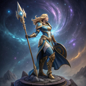 Statue of a female warrior from DOTA 2 universe. Blonde hair, fair skin, blue and gold armor. Holding a spear-like weapon. Standing on a dark, cosmic base with a swirling galaxy background.