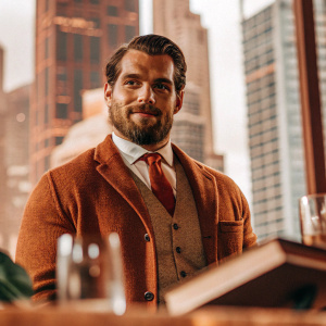 Actor Henry Cavill, with a beard and dressed in a formal outfit, at a book launch event. The background features a skyline of skyscrapers.