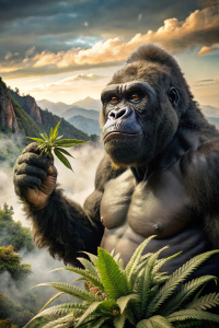 gorilla from the movie "King Kong". smiling. sniffing a branch of marijuana. shrouded in clouds of smoke. mountains in the background.