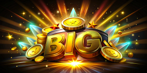 dark background with precious gems, golden coins and light effects surrounding a golden 3d text that says "BIG WIN"