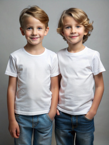 twins in the style of modern fashion kids in white T-shirts 