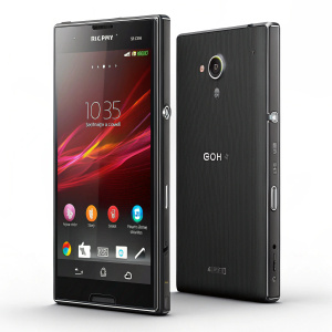 Photography series showcasing the Sony Xperia SP M35h. Front view: vibrant app icons, screen active, red blurred background. Back view: sleek black body, camera module, textured finish, minimalist design.