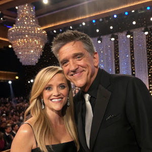Reese Witherspoon and Craig Ferguson smiling warmly. The Hollywood Awards stage. Glittering chandeliers and audience in the background.