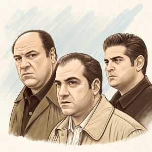 A sepia toned sketch of Tony Soprano, Paulie Gualtieri, and Christopher Moltisanti from The Sopranos. Detailed facial expressions. Light, airy background.