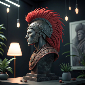 In the heart of a futuristic studio, a sculpture of a warrior with vivid red hair stands out against a dark background. The intricate design and fierce expression are a marvel of Taka Corp.'s craftsmanship.