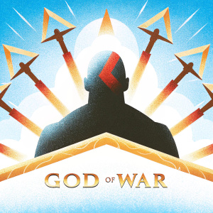 Promotional poster for God of War II. Dark silhouette of Kratos centered, red mark on forehead. Angular weapon shapes radiate around his head. Black background with red and white accents. Comic book style. God of War logo at bottom