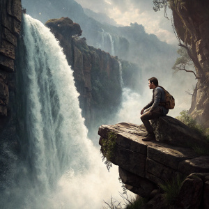 Digital art piece featuring Nathan Drake, half-hidden behind a rocky outcrop, perched on a precarious ledge overlooking a vast, roaring waterfall in Uncharted 2. The waterfall's force creates a mesmerizing spray of water and mist, the raw power of nature contrasted with Drake's daring ascent. The backdrop is a rugged cliff face with intricate stone structures, textures richly detailed. Muted color palette, predominantly grays and browns, with the waterfall's white spray as the central focus.