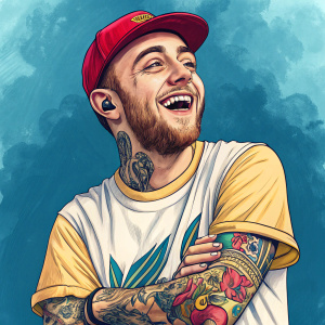 Caricature of Mac Miller, vibrant colors, happy face, blue background, detailed tattoos