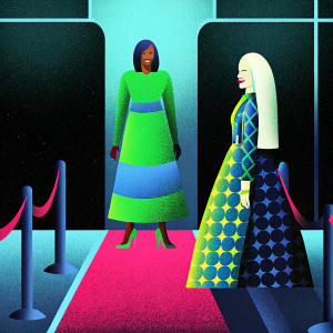 Nicki Minaj and Donatella Versace at a glamorous fashion event. Nicki Minaj in a vibrant, patterned dress. Donatella Versace with a radiant smile. Modern, sleek background